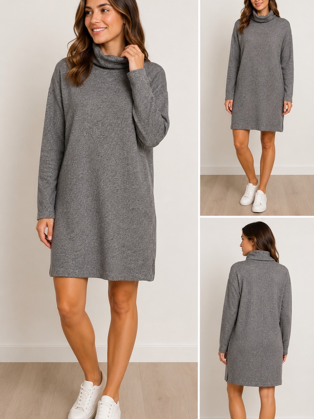 ZARA Women's Sweater Dress Shift Gray Solid Cowl Neck  Long Sleeve